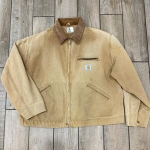 Carhartt Mens Tan Quilted Lined Work Jacket Corduroy Collar Zip Front Size Large